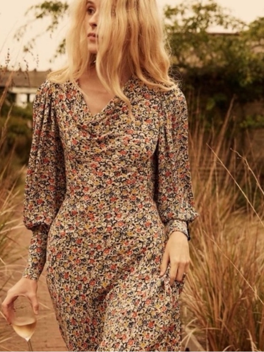 Doen Neutral Floral Midi Dress with Cowl Neck